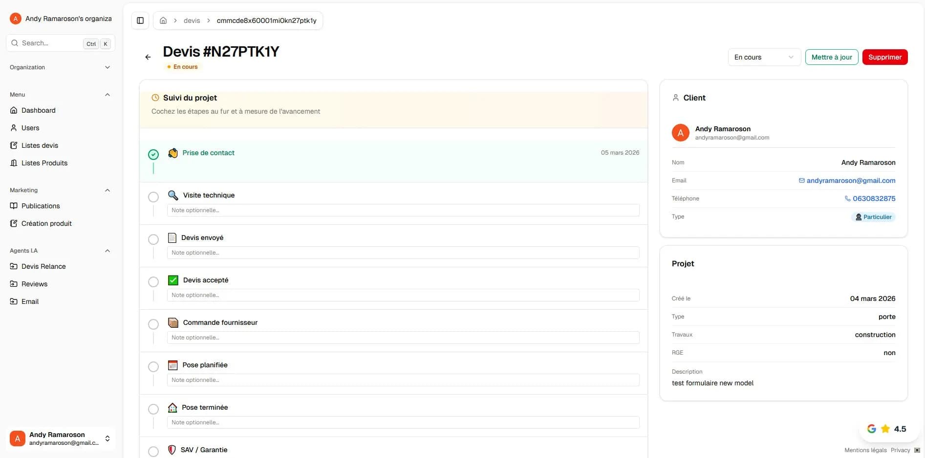 page admin gestion devis Segment.C