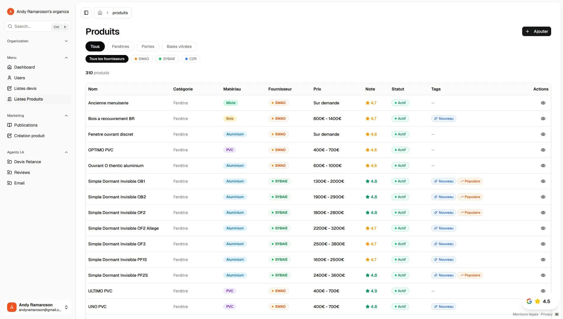 page admin gestion produits Segment.C
